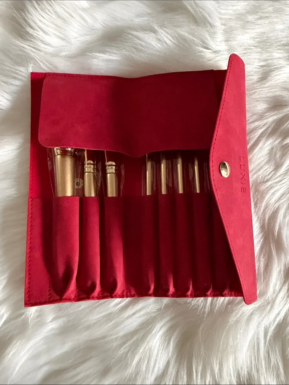 Luxie Red Suede Brush Pouch with Snap Closure